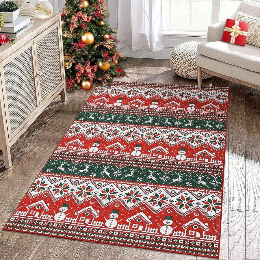 Hodeffior Tapis décoratif chrétien 120 x 170 cm – Style bohème rouge et vert avec flocons de neige et bonhomme de neige, antidérapant, idéal pour l'entrée et la décoration de Noël. - Rouge - Voir 1