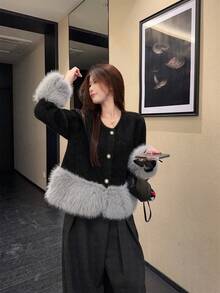 2026 Women's Spring Plush Patchwork Long Sleeve Jacket, Thick Faux Mink Fur Round Neck Cardigan - Dark Blue - View 1