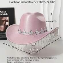 Rhinestone Crown Tassel Cowgirl Hat Sparkly Wide Brim Western Hat Elegant Sun Cap For Wedding Party Club - 銀色 - 查看 4
