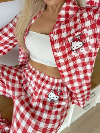 Sanrio 两件套女士印花宽松开衫，带纽扣和松紧腰裤，可爱睡衣套装