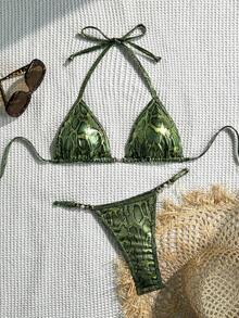 Snake Skin Sexy Backless Lace-Up Thong Bikini Bottoms, Summer Beach Vacation - Green - View 1