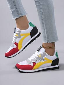 Giày thể thao chạy bộ hàng ngày mùa hè thoáng khí, thoải mái, mũi tròn cổ điển dành cho nữ, màu trơn - trắng, vàng và đỏ - Xem 7