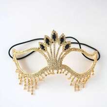 Máscara de Strass com Borla, Máscara de Luxo Totalmente Enfeitada com Strass e Penas, Acessório para Festa de Mascarada