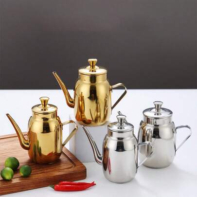 1pc 304 Stainless Steel Small Oil Pot, Gold Color Fine Spout Oil Bottle, Leak-Proof Oil Can, Condiment Bottle For Sauce And Vinegar