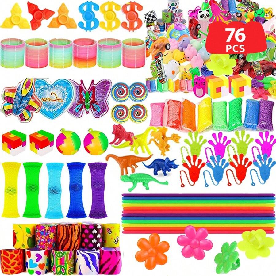 76PCS Party Favors Goodie Bags Stuffers, Fidgets Set Stocking Stuffers Classroom Bulk, Treasure Box Carnival Prizes Gifts, Pinata Bags Filler Adults Birthday Party Supplies - Silver - View 1