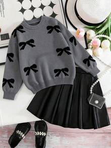 1件宽松舒适休闲户外时尚百搭韩版个性化针织长袖加厚保暖套头毛衣，带蝴蝶结元素，适合少女，春/秋/冬季穿着 - 灰色 - 查看 1