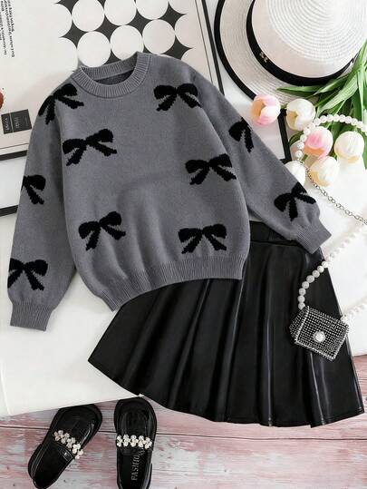 1件宽松舒适休闲户外时尚百搭韩版个性化针织长袖加厚保暖套头毛衣，带蝴蝶结元素，适合少女，春/秋/冬季穿着