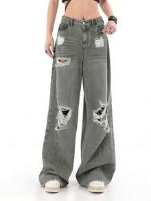 Women's Distressed Straight Leg Jeans Casual Spring - Grey - View 5
