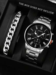 2pcs/Set Minimalist Casual Men's Quartz Watch, Includes 1 Stylish Silver Metal Strap Watch And 1 Matching Cuban Link Bracelet. Roman Numeral Multi-Dial Design Showcases Fashionable Sophistication. Comfortable Wear, Suitable For Daily Business Commute, Street Fashion Looks, And Effortless Business Casual Style. - Silver - View 5