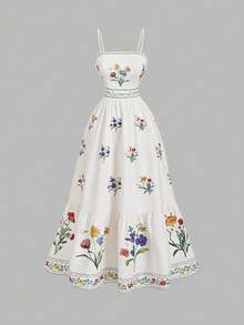 Women's Long Dress, Halter Neck Style With Vintage Print, Gathered Waist At The Back, Adjustable Straps, Elegant Dress. - 查看 3