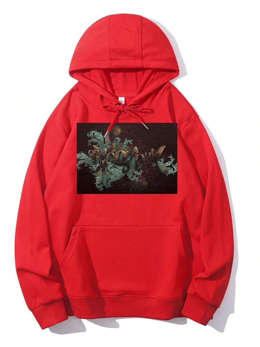 'Fantasy' Ornate Artistic Typography Creative Graphic SweatshirtUnisex Hoodie: Loose Fit, Makes You Look Slimmer, Stylish For The Street. Classic Hood, Easy To Match, Fits All Body Types. - 紅色 - 查看 1