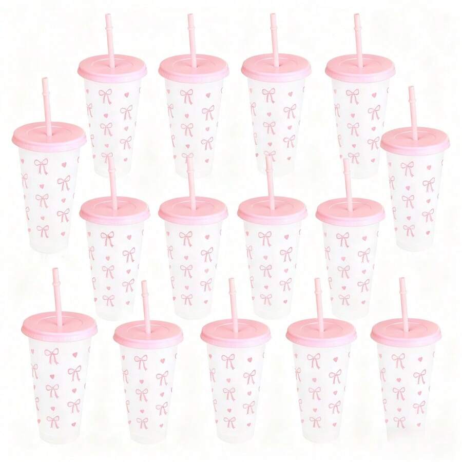 5/10pcs Pink Belt Bow Plastic Water Bottle With Straw And Lid, Reusable Plastic Cup, Cold Drink Cup, Iced Coffee Suitable For Home And Office Use, Decoration, Gifts, Birthdays, Parties, Holiday Cup, Summer Water Bottle, Vintage Drinking Water - 藍色 - 查看 1