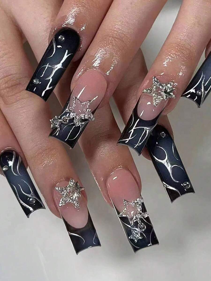 24pcs Y2K Rectangle 3D Star Pearl French Acrylic Nail Stickers To Enhance Your Fashion Sense. Perfect Fit, Set Includes: 1pc Jelly Gel And 1pc Nail File