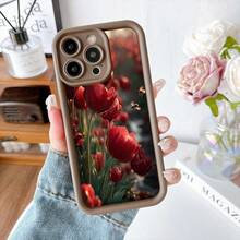 Cubierta de telefono con borde negro y diseño floral rojo con tulipanes y abejas para iPhone 14 Pro Max estilo elegante para uso diario y trabajo - Café integral - Ver 2