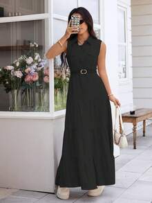 A&DD MODA, REF:AS1801 - Women's Long Shirt Dress With Free Belt: Elegance And Comfort In The Same Look - 黑色 - 查看 1