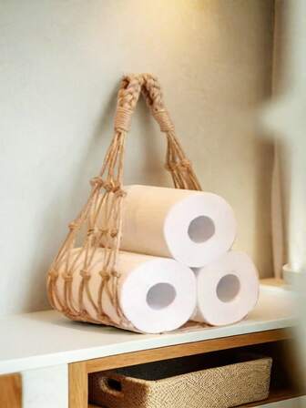 1pc Macrame Toilet Paper Holder, Fabric Freestanding Tissue Roll Organizer, Over-The-Tank Bathroom Accessory, Versatile Shelf Kitchen Towel Rack