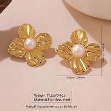 1 Pair Asymmetrical French Pearl Stud Earrings, Stainless Steel Titanium Flower & Shell Pearl Earrings Jewelry For Women