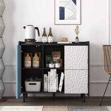 Aparador buffet, armário preto com portas azuis, 2 gavetas com painel único e 2 compartimentos abertos, armário bar de café moderno, armário lateral para cozinha, sala de jantar - Azul - Ver 9