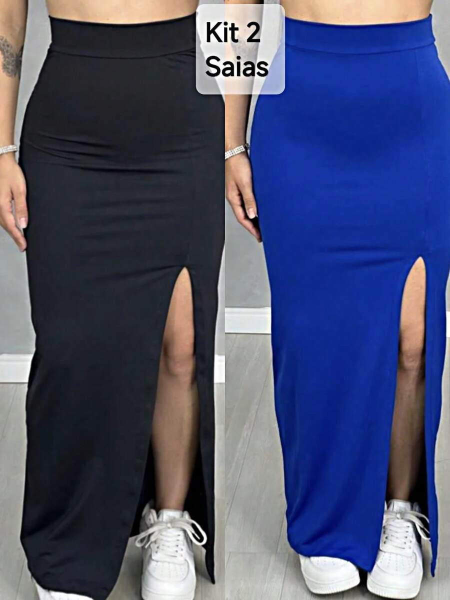 Skirt With Side Slit, Perfect Fit For The Body, Casual Midi Length, Sensual And Elegant, Made Of Premium Supplex Fabric. - Đen/Xanh hoàng gia - Xem 1