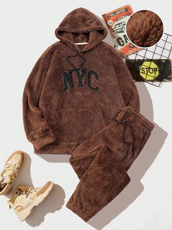 Men's Loose Drawstring Hoodie And Pants Set, With Letter Embroidery, Casual Fluffy Outfit, For Winter