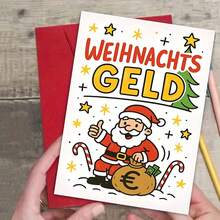 喜庆的德国“圣诞金”海报，以快乐的圣诞老人竖起大拇指、手捧欧元钞票的场景为特色——充满活力的节日设计，配以拐杖糖、圣诞树和黄色星星，为节日庆祝活动增添喜庆气氛。 - 多色 - 查看 4