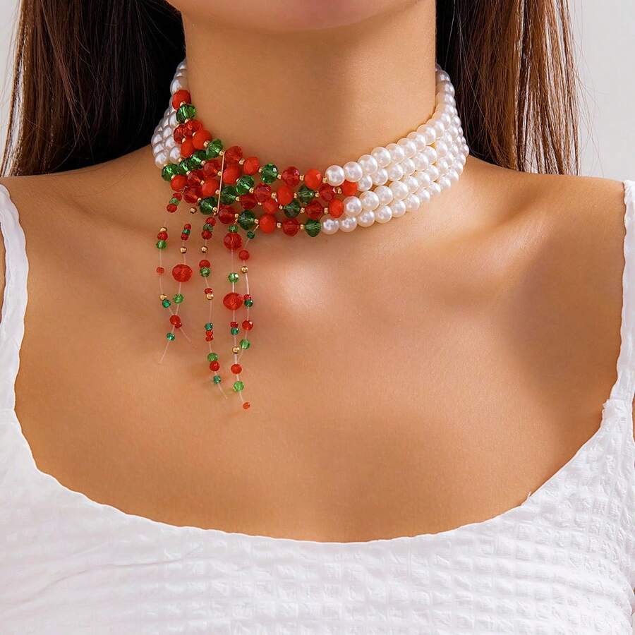 1pc Christmas Necklace, Personalized Beaded Multi-Layer Choker, Retro Gothic Tassel Faux Pearl Necklace, Versatile Wear - Multicolor - View 1