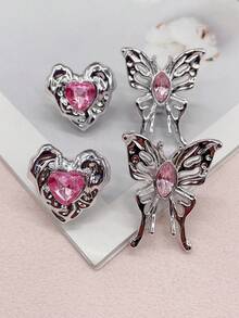 4件套Y2K风格奢华银色树脂仙女蝴蝶鞋带吊坠DIY配件，适用于女士运动鞋和靴子，个性化闪亮水钻伞形鞋带扣装饰，可拆卸心形鞋夹饰品，适合系带鞋，圣诞节、万圣节、情人节、生日派对礼物（不含鞋子）