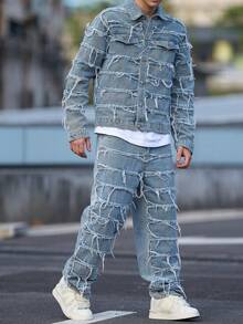 Men's Retro Slim Fit Fashionable Embroidered Patchwork Straight Leg Jeans - Blue - View 4