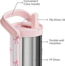 Pink Bow Stainless Steel Straw Lid Tumbler 30oz With Carry Handle For Women Girls, Insulated Travel Coffee Cup, Gift For Sports Outdoor Workout Christmas Birthday - 弓 1 - 查看 2