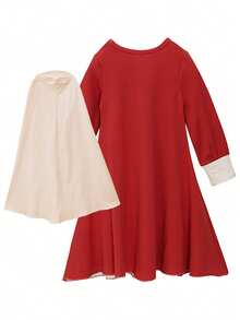 2pcs/Set Young Girls Long Sleeve Bowknot Maxi Dress + Headscarf - Red - View 3