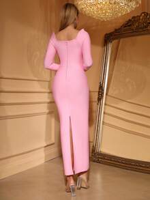 LOVE Aing Elegant Women's Off Shoulder Long Sleeve Dress With Handcrafted Rhinestone Embellishments, Luxurious Maxi Gown With Back Slit, Suitable For Wedding Guests - Pink - View 3
