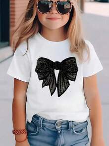 Young Girl Bow Print Short Sleeve Casual Round Neck T-Shirt - White - View 1
