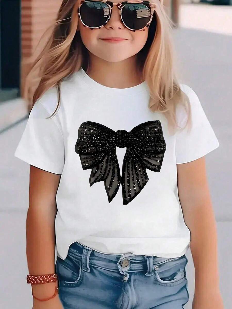 Young Girl Bow Print Short Sleeve Casual Round Neck T-Shirt - White - View 1