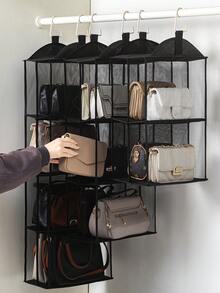 1PC Detachable 2/3/4 Compartment Pouch Hanging Handbag Organizer Clear Purse Bag Storage Holder Wardrobe Closet Space Saving Organizers System For Living Room Bedroom - Black - View 2