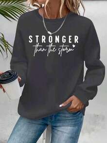 Winter Clothes For Women Christmas Outfit Women2025Women's "STRONGER Than The Storm" Motivational Crew Neck Sweatshirt - Vibrant Green Casual Pullover With Heart Accents, Cozy Fall Winter Machine-Washable Top, Ladies SweatshirtsSoft And BreathableLoose And Comfortablesudaderas De Mujer - 黑色 - 查看 8