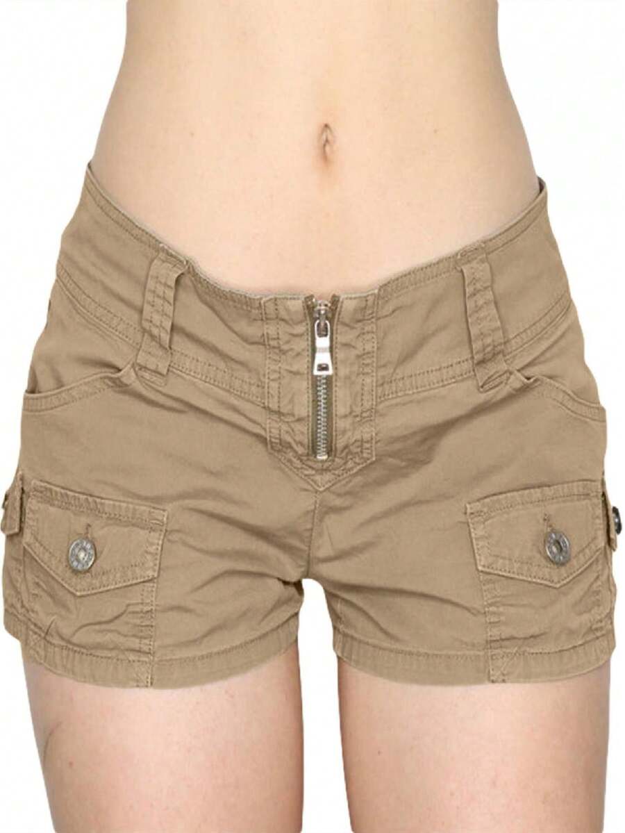 Women Low Rise Shorts Y2k Vintage Solid Color Multi Pockets Short Pants Cargo Shorts Summer Harajuku Streetwear - Màu Khaki - Xem 1