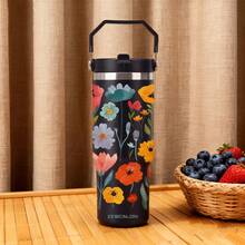 1pc 30oz/900ml Colorful Floral Pattern Stainless Steel Insulated Tumbler, Large Capacity Handled Water Bottle With Straw, Suitable For Travel, Outdoor, Gym, Office, Home, All Seasons, Great Gift For Friends, Family, Holidays (With Straw)