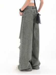 Women's Distressed Straight Leg Jeans Casual Spring - Grey - View 6
