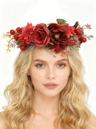 1pc Floral Wreath Headband, Vintage Bohemian Travel Holiday Artificial Flower Wreath Headpiece, DIY Handmade Fabric Artificial Raspberry Flower Wreath, Coronas, Tiara, Costume Crown