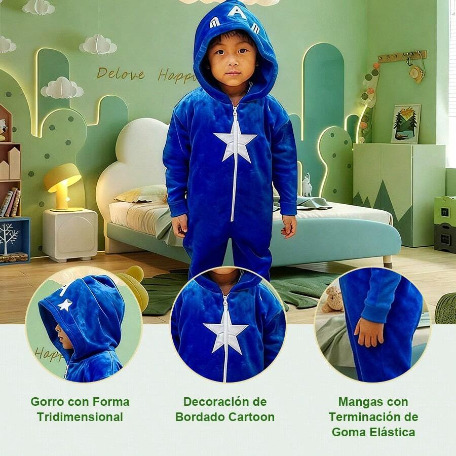 Pijama Niño Monos Fleece Azul Estrella Cartoon, Disfraz Halloween Navidad, Ropa Casa Invierno Caliente Regalo (3-12 Años) - Azul - Ver 1