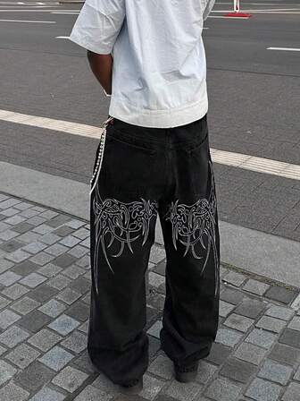 Jeans holgados de pierna recta con bordado de estilo retro hip hop y moda callejera para hombres