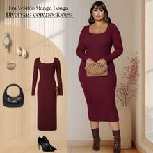 Vestido Feminino Decote Quadrado Manga Longa Premium