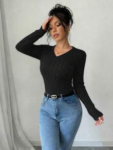 1 pezzo Maglione lavorato a maglia semplice e monocromatico, comodo e casual, adatto per l'uso all'aperto, caldo e spesso, con scollo a V, adatto per primavera, autunno e inverno, per donne e ragazze - nero - Visualizzare 5