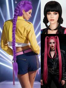 Parrucche da cosplay per donne Megastars, parrucche sintetiche resistenti al calore senza colla per feste di Ognissanti, capelli rossi lisci extra lunghi con 2 code di cavallo e capelli finti viola ultra lunghi con treccia rimovibile con molletta, capelli neri lisci corti con doppio chignon, alta densità, aspetto naturale, adatte per principianti, ideali come regali per vacanze, concerti musicali, compleanni, Natale