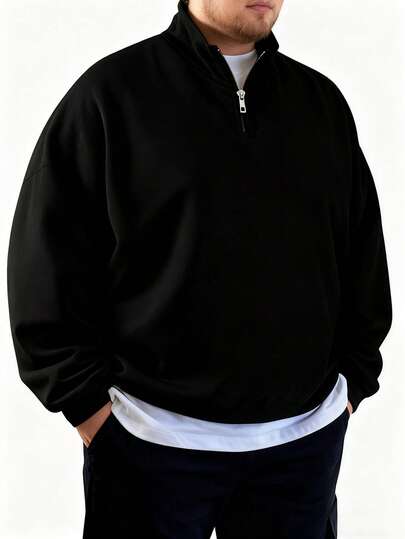 大码男士纯色秋冬拉链半前长袖宽松休闲连帽衫