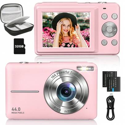  CAMKORY デジタルカメラ+カメラケースセット、44MP FHD 1080P ポイント&シュート カメラ、32GBカード付き、充電池2個、カメラバッグ、コンパクト小型カメラ 16倍ズーム 手ブレ補正、初心者向けギフト
