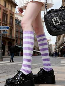 Damen gemütliche gestrickte Beinwärmer, gestreifte elastische Wadenbeinwärmer, Punk Street Style Mode Accessoire - Verschiedenfarbig - Übersicht 6