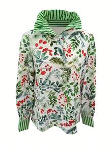 Retro Striped Collar Contrast Color Floral Print Casual Loose Women Blouse, Polyester, Pleated Ruffle Hem, Suitable For Holiday, Daily, Travel, Spring & Autumn Vacation - Mixed Colors - View 6