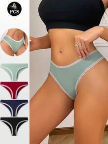 4 件装中腰蕾丝拼接女士内裤，休闲简约柔软三角内裤，女士内衣 - 彩色 - 查看 4