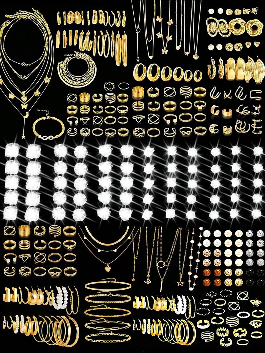 86pcs/58pcs/68pcs/35pcs Vintage Elegant Fashion Retro Coin Style Metal Multi-Element Faux Pearl Heart Flower Butterfly Pendant Jewelry Set Necklace Ring Earrings, Suitable For Women Date, Holiday, Wedding, Party, Birthday, Daily Wear, Autumn/Winter, Christmas, Halloween, Valentine's Day, New Year Gift, High Cost-Effective Jewelry - Yellow Gold - View 1